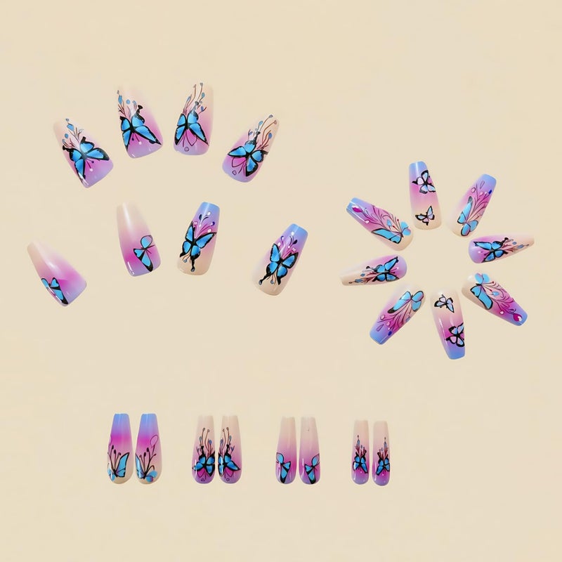 HJKDSFD Blue Purple Gradient Press on Nails Medium Ballerina Fake Nails Acrylic Full Cover False Nails Cute Butterfly Glue on Nails Spring Summer Stick on Nails Reusable for Women Girls 24Pcs - Image 3